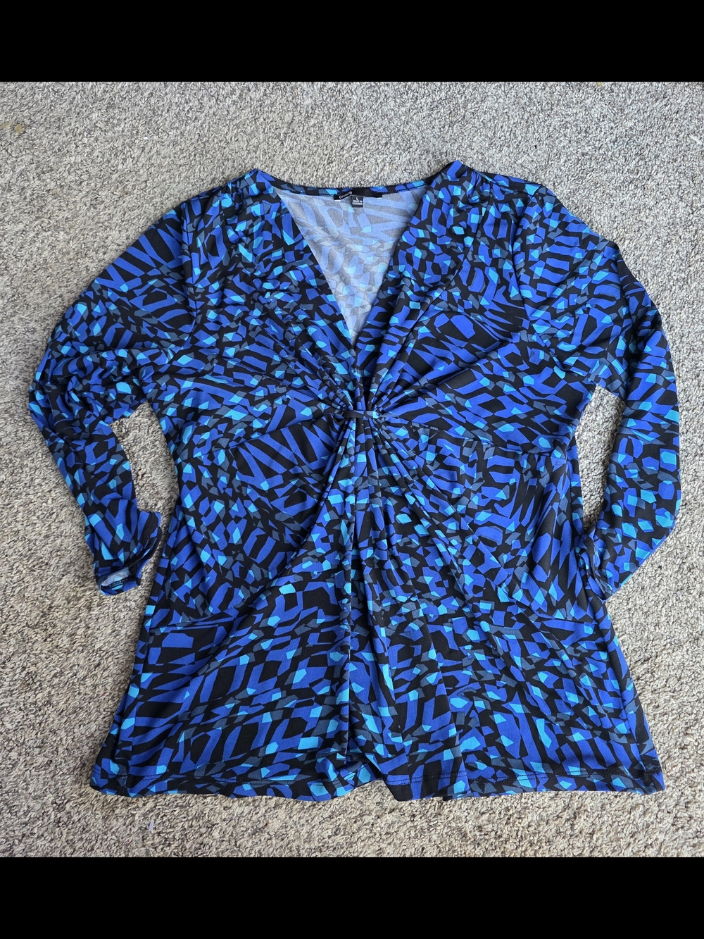 Chaus Blue and Black Twist-Front V-Neck Long Sleeve Top